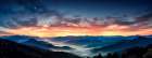 Mountain landscape at sunrise with fog. (AI Generated) Art Print